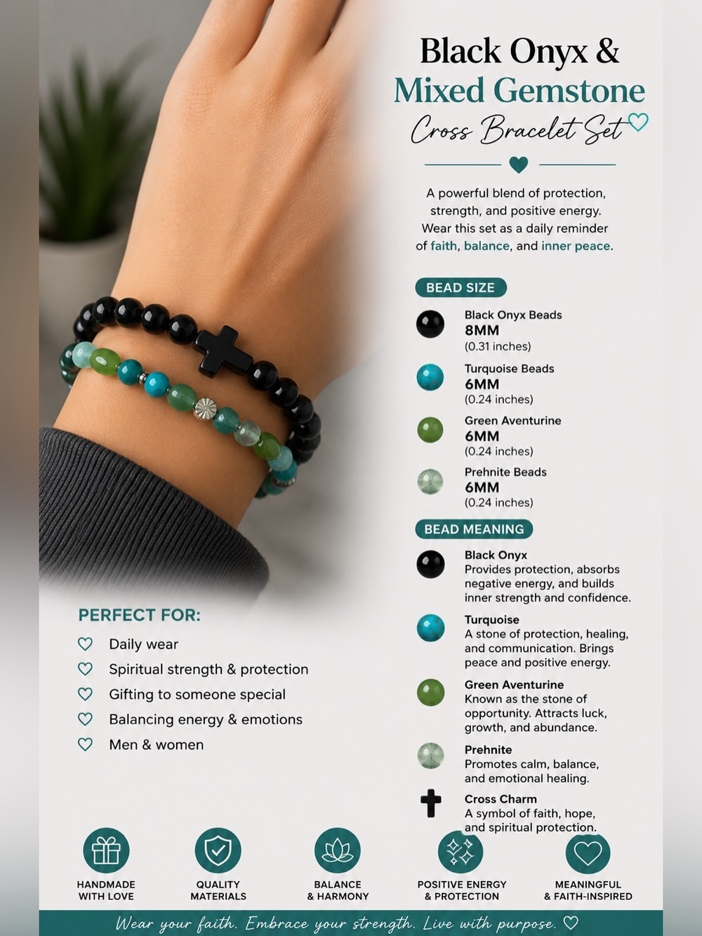 Black Onyx & Mixed Gemstone Cross Bracelet Set